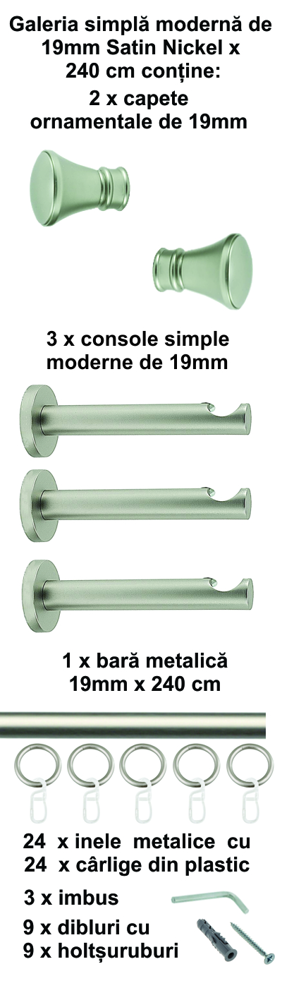 Galerie metalica Conic simpla moderna 19 mm, satin nichel (argintiu mat) - imagine 6