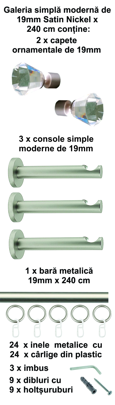 Galerie metalica Cristal simpla moderna 19 mm, satin nichel (argintiu mat) - imagine 6