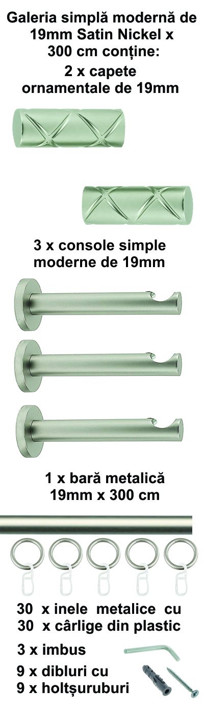 Galerie metalica Ciel simpla moderna 19 mm, satin nichel (argintiu mat) - imagine 7