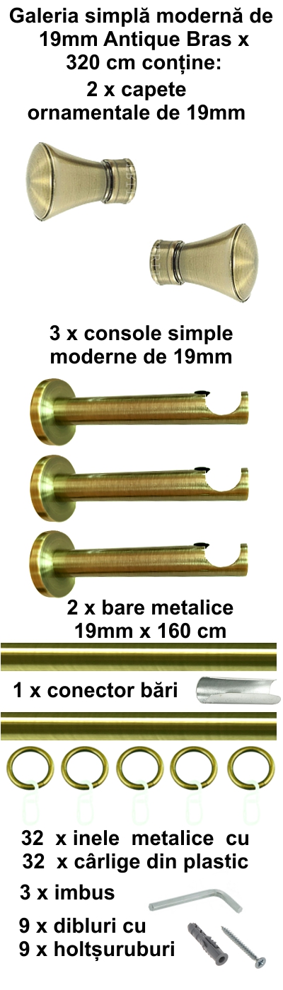 Galerie metalica Conic simpla moderna 19 mm, antique brass (auriu antic) - imagine 2