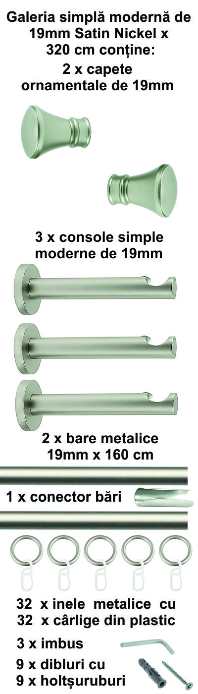 Galerie metalica Conic simpla moderna 19 mm, satin nichel (argintiu mat) - imagine 8