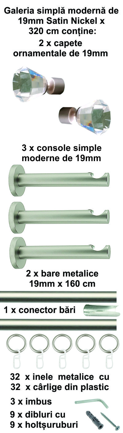 Galerie metalica Cristal simpla moderna 19 mm, satin nichel (argintiu mat) - imagine 8
