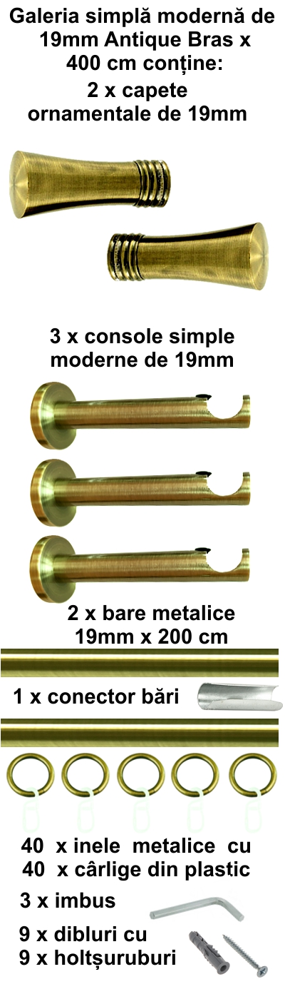Galerie metalica Ahile simpla moderna 19 mm, antique brass (auriu antic) - imagine 5