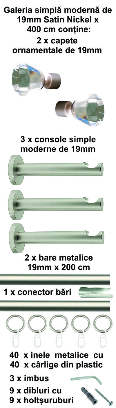 Galerie metalica Cristal simpla moderna 19 mm, satin nichel (argintiu mat) - imagine 9