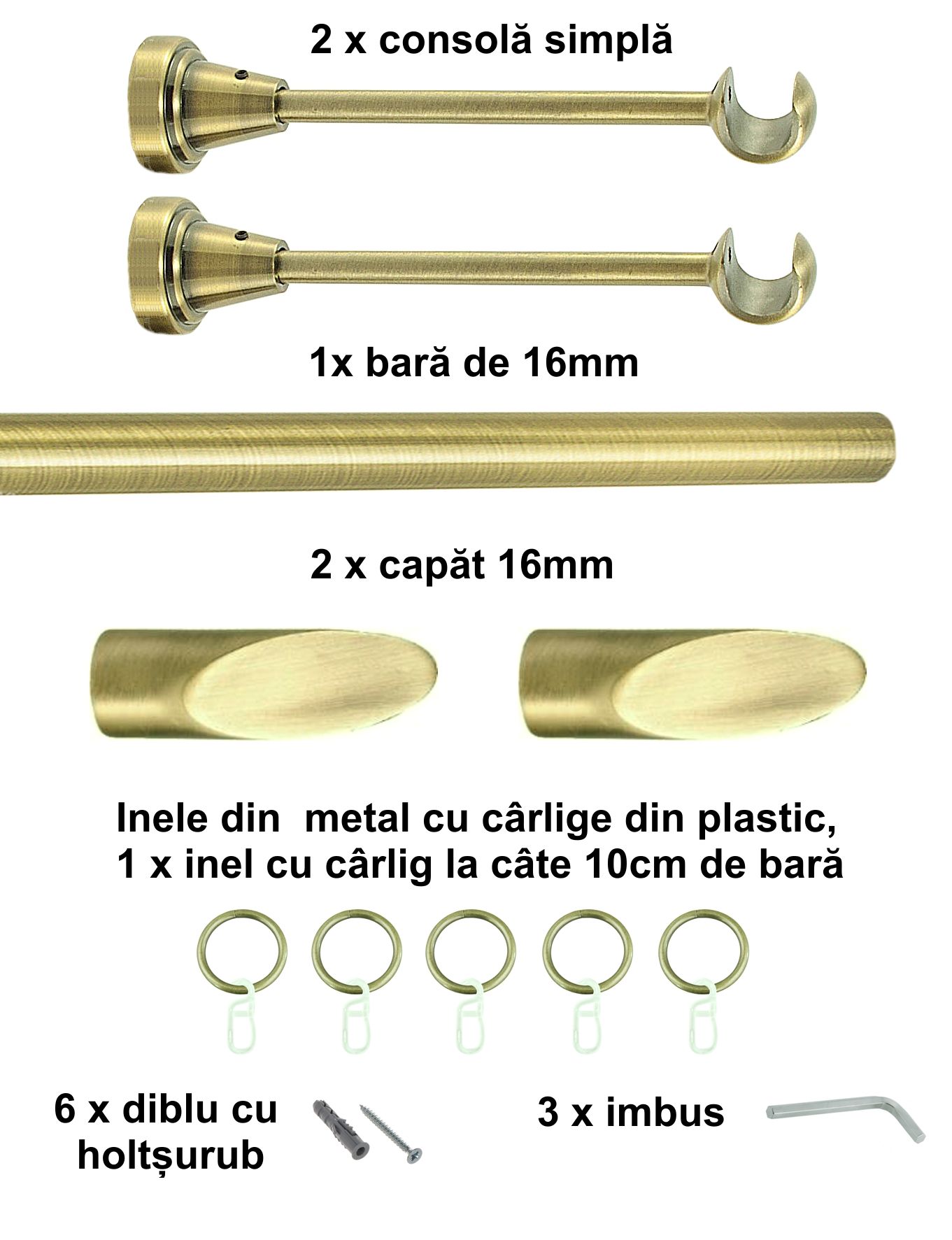 Galerie metalica Alexia simpla 16 mm, antique brass (auriu antic) - imagine 2
