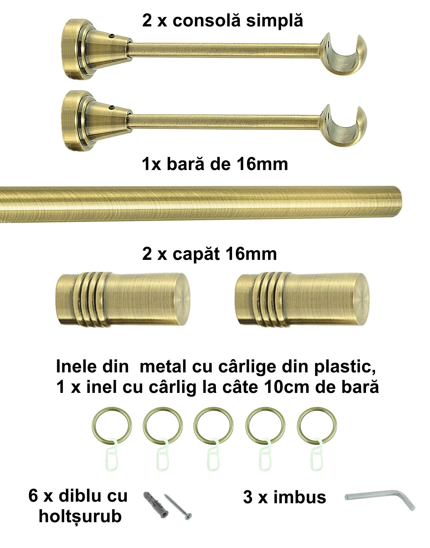 Galerie metalica Celtex simpla 16 mm, antique brass (auriu antic) - imagine 2