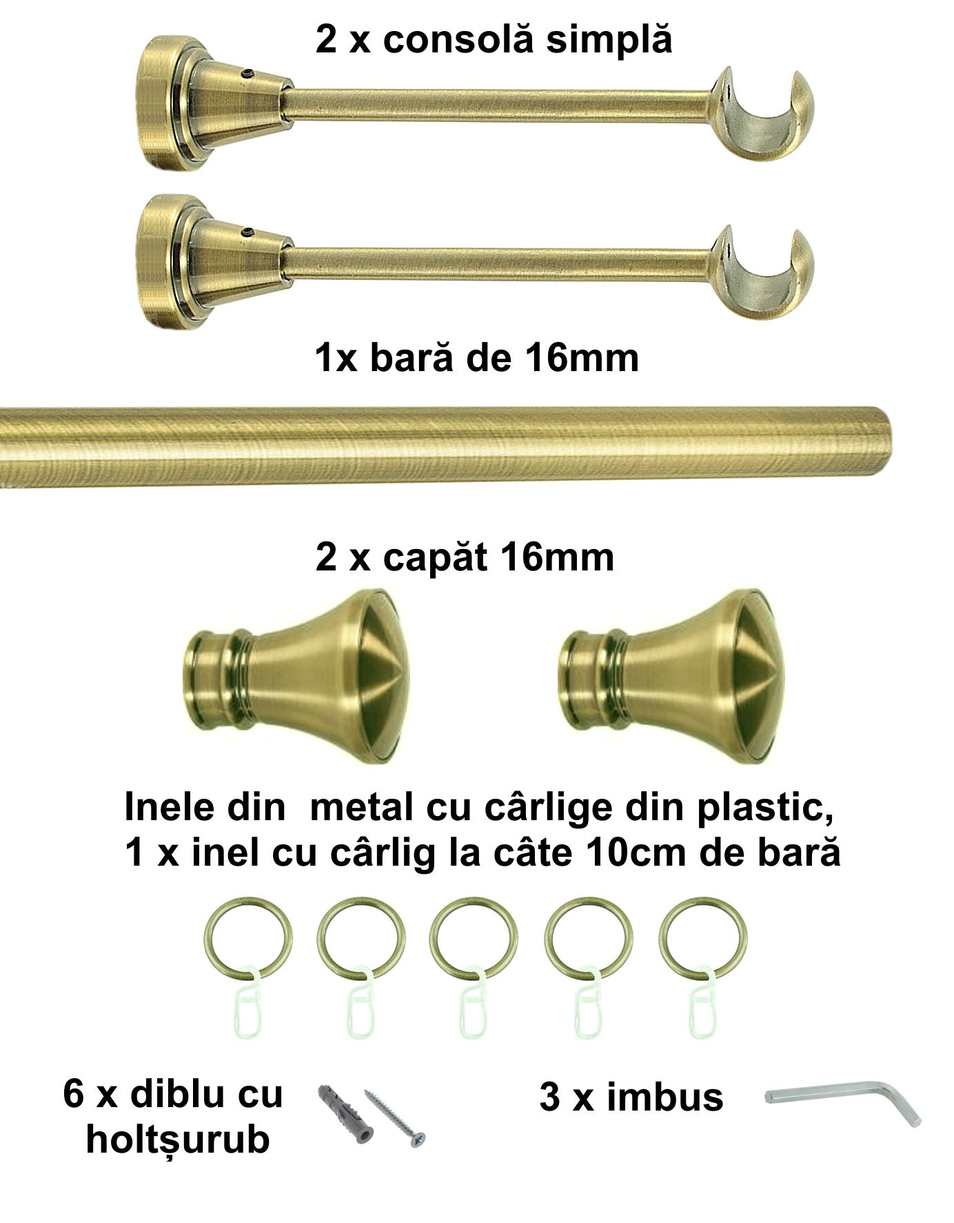 Galerie metalica Conic simpla 16 mm, antique brass (auriu antic) - imagine 2