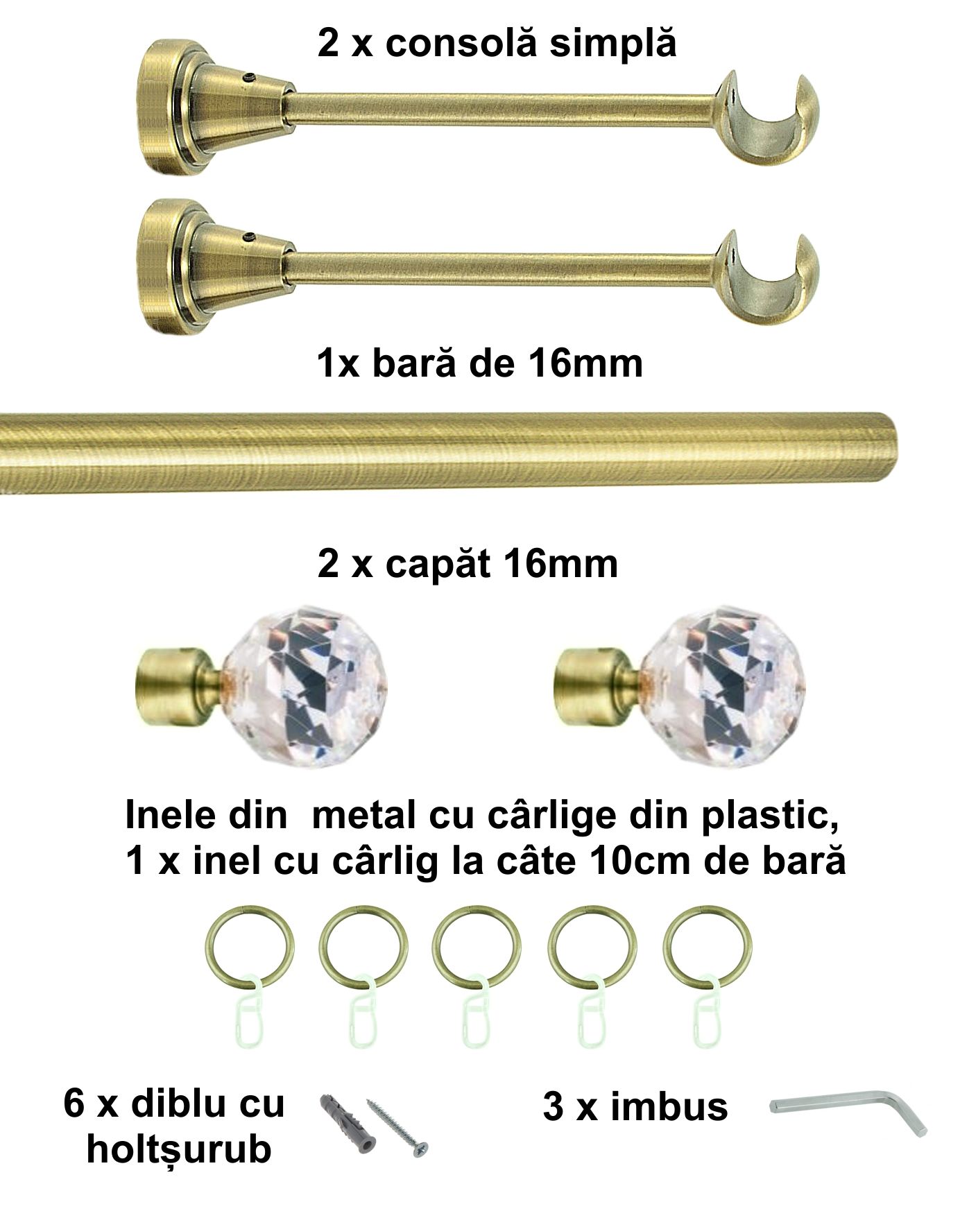 Galerie metalica Cristal simpla 16 mm, antique brass (auriu antic) - imagine 2