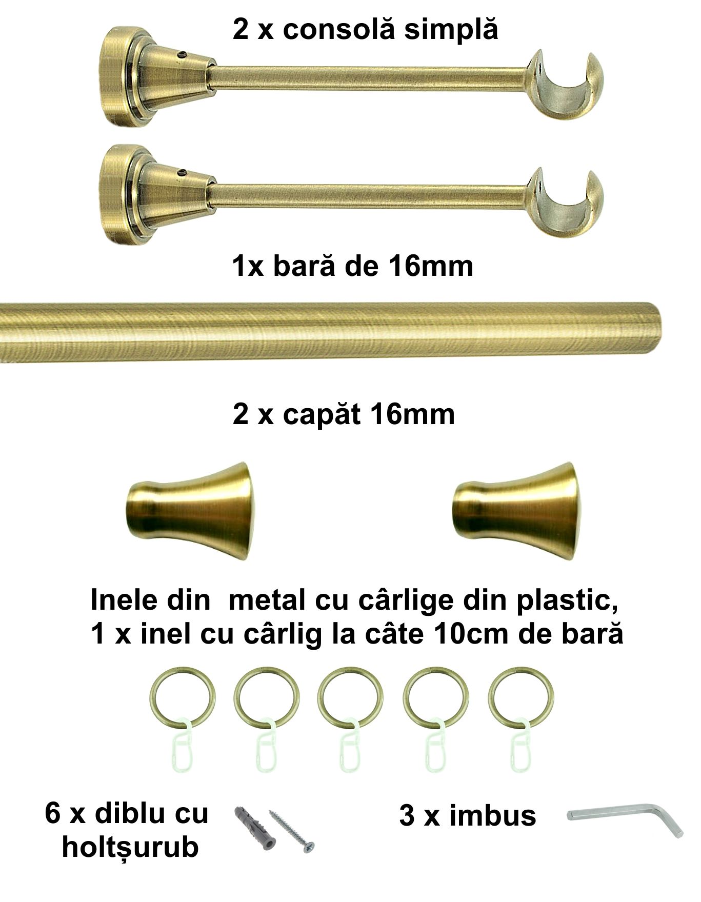 Galerie metalica Monaco simpla 16 mm, antique brass (auriu antic) - imagine 2