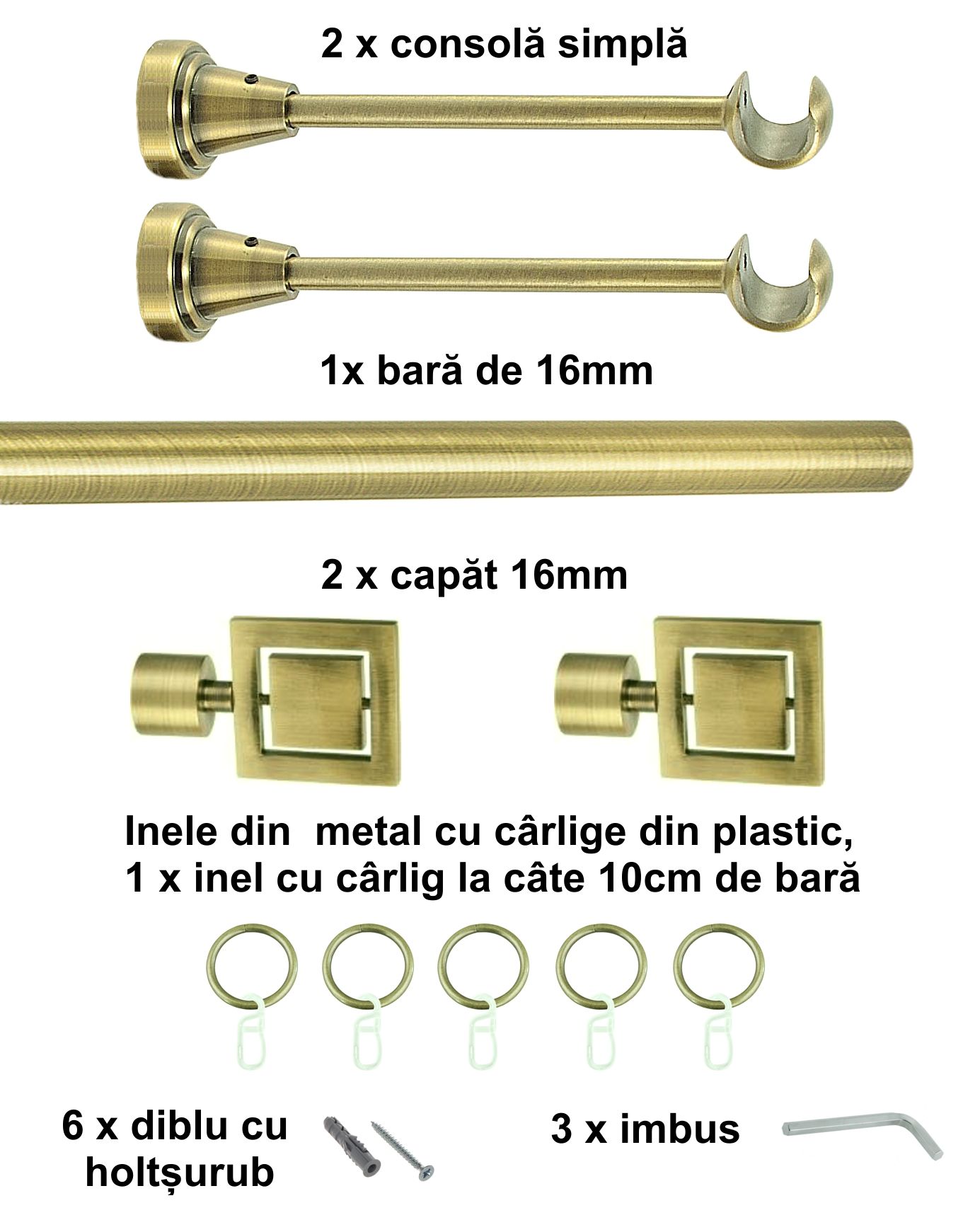 Galerie metalica Saturn simpla 16 mm, antique brass (auriu antic) - imagine 2