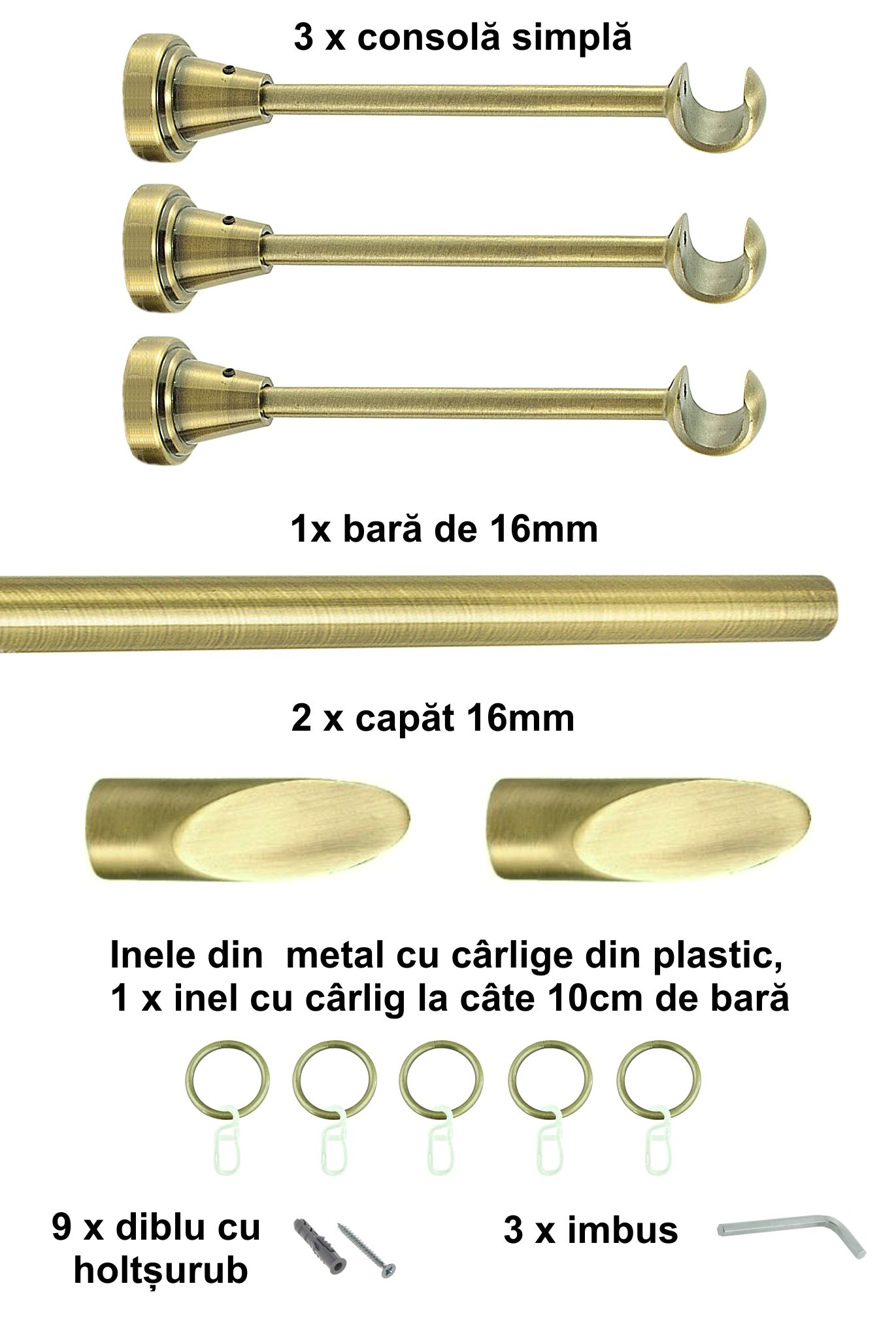Galerie metalica Alexia simpla 16 mm, antique brass (auriu antic) - imagine 5