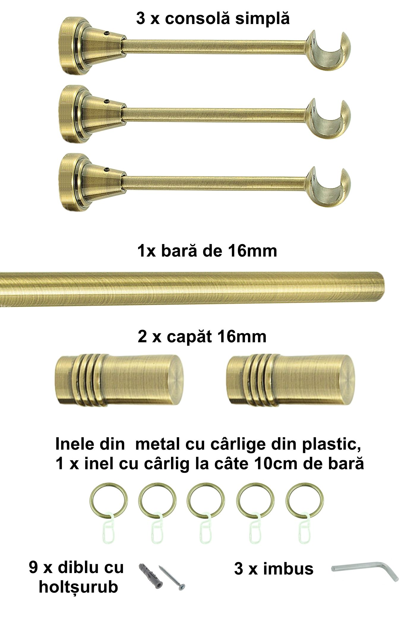 Galerie metalica Celtex simpla 16 mm, antique brass (auriu antic) - imagine 5