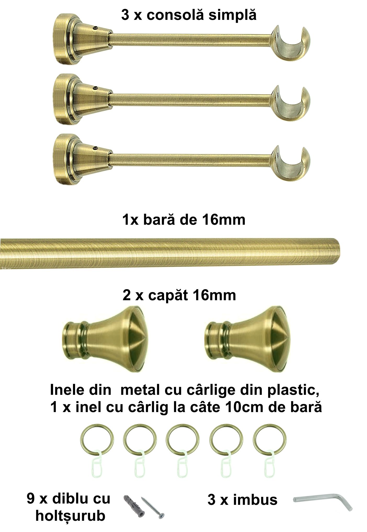 Galerie metalica Conic simpla 16 mm, antique brass (auriu antic) - imagine 5