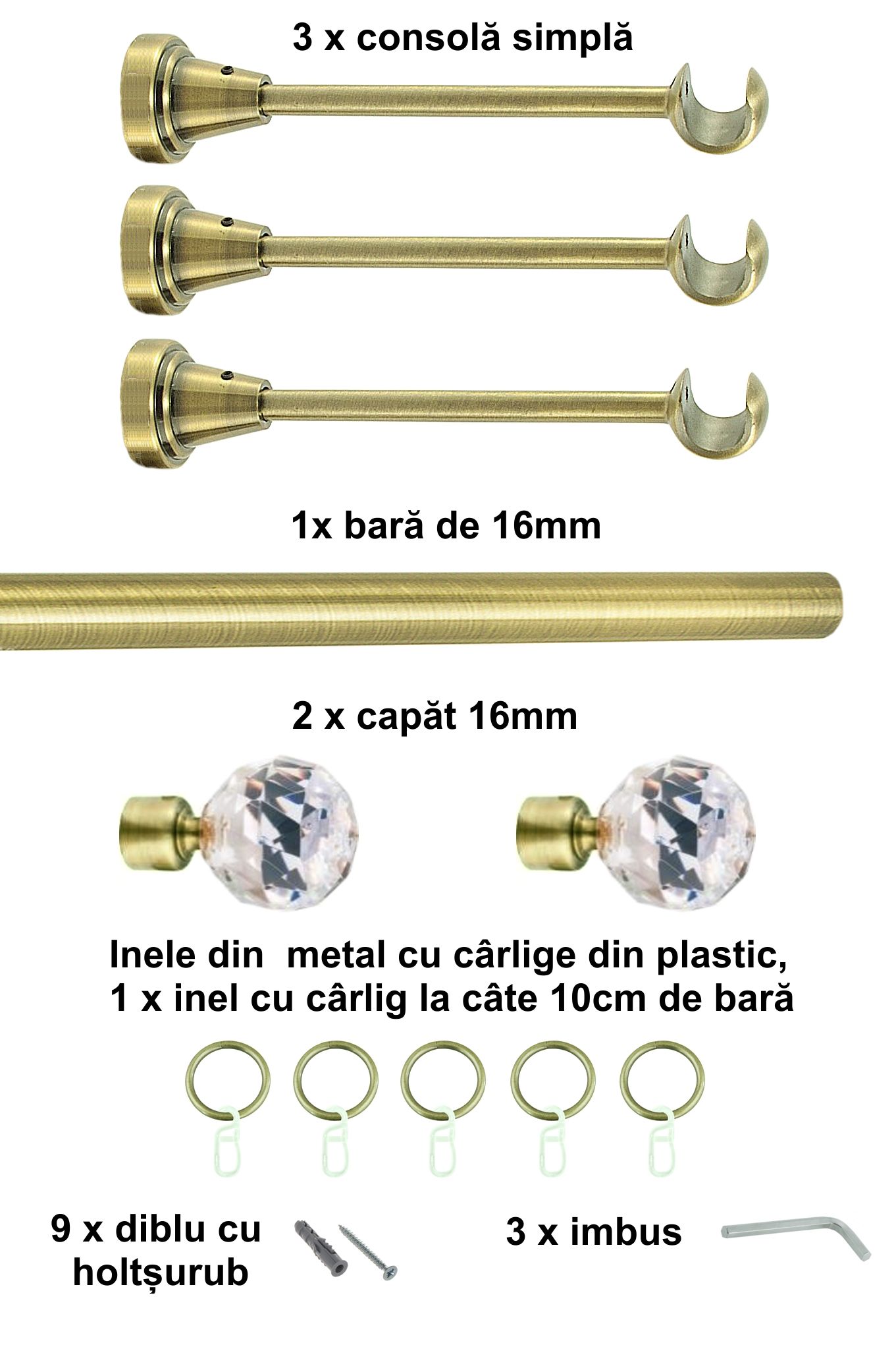 Galerie metalica Cristal simpla 16 mm, antique brass (auriu antic) - imagine 5