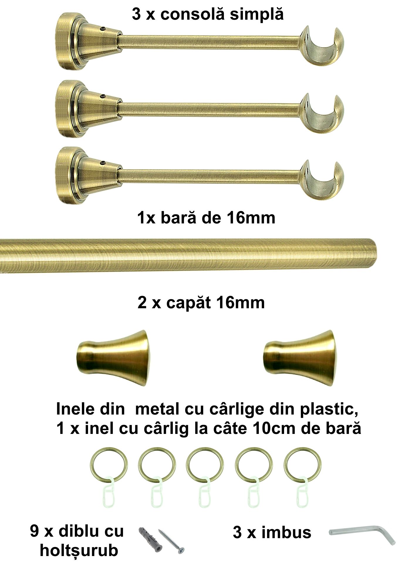 Galerie metalica Monaco simpla 16 mm, antique brass (auriu antic) - imagine 5