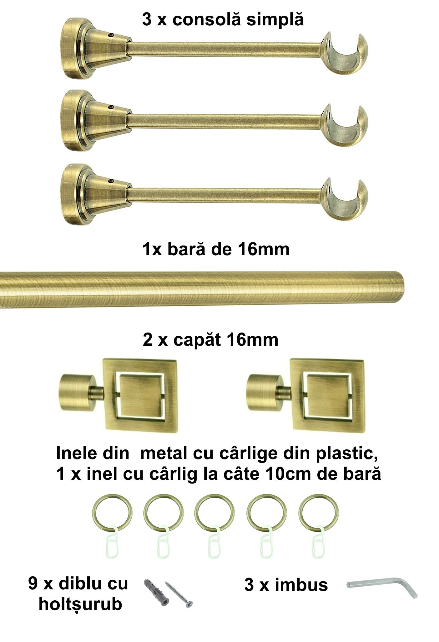 Galerie metalica Saturn simpla 16 mm, antique brass (auriu antic) - imagine 5
