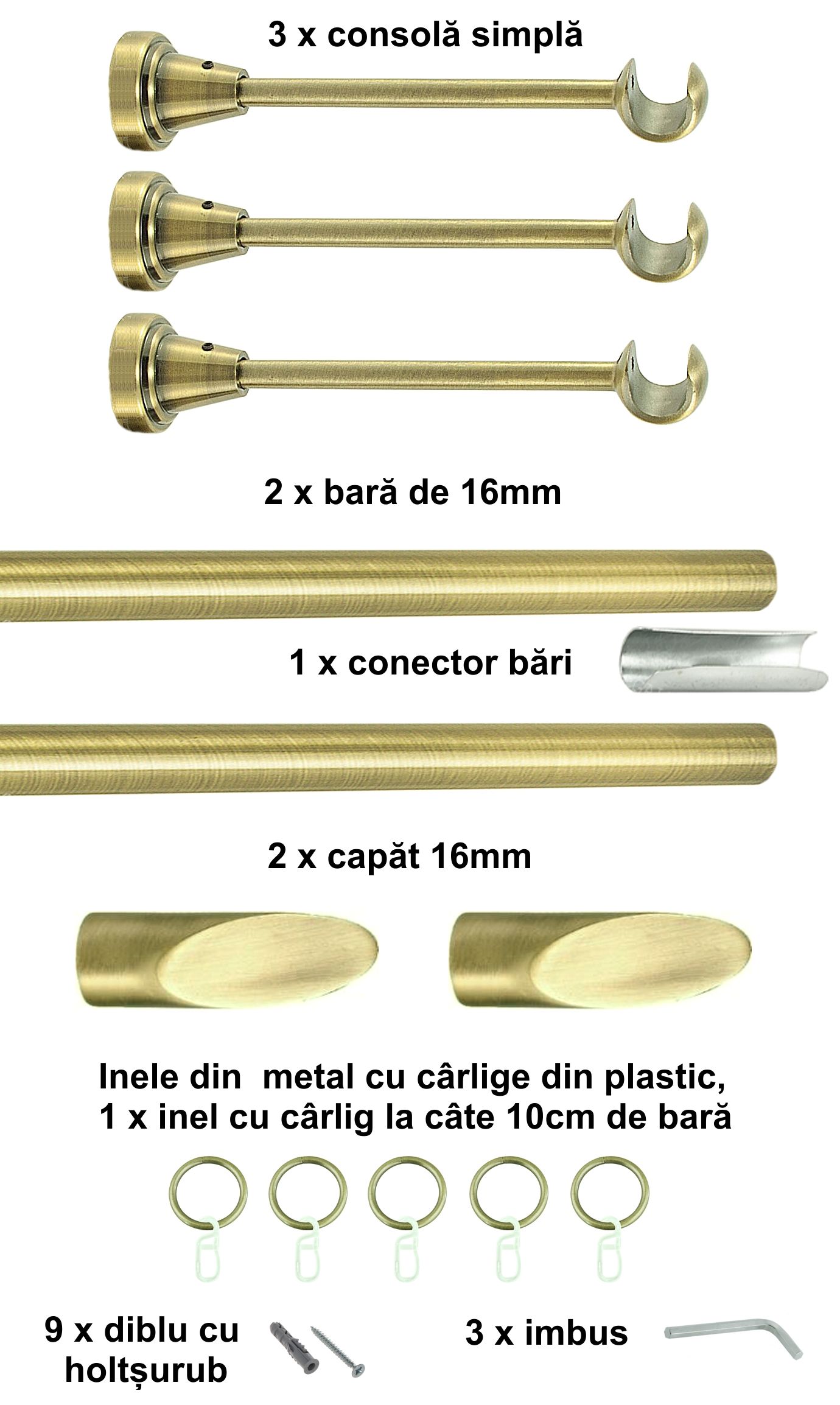 Galerie metalica Alexia simpla 16 mm, antique brass (auriu antic) - imagine 6