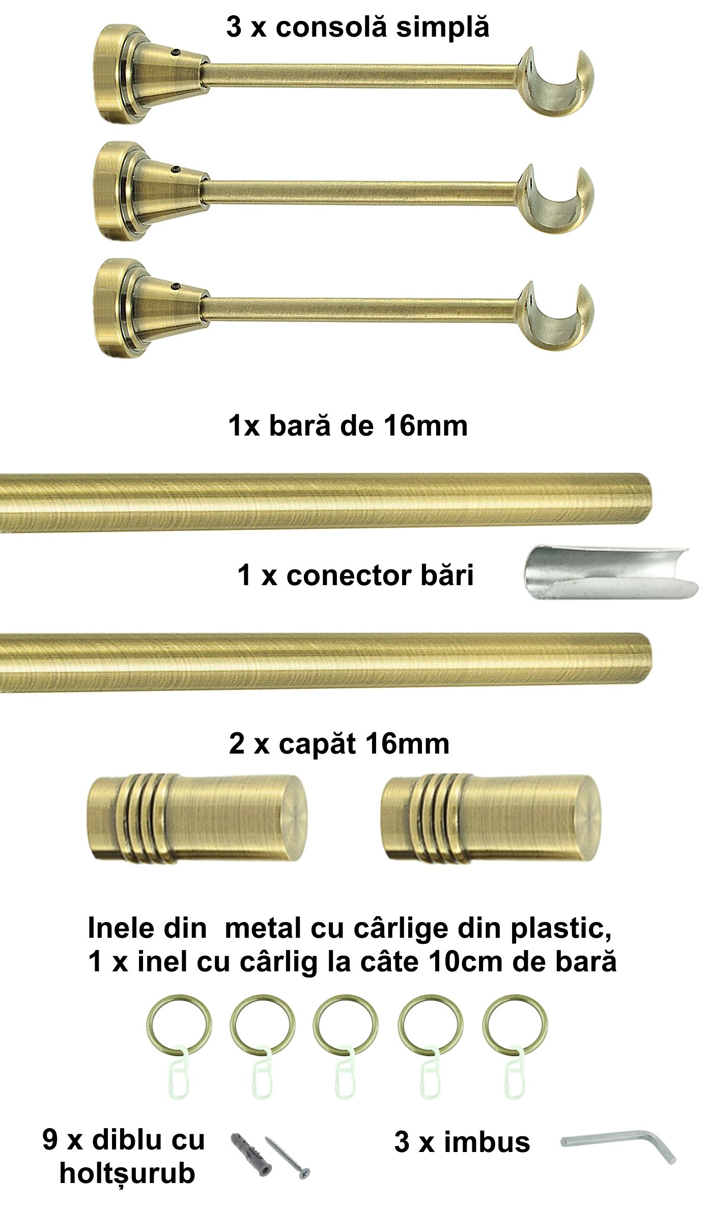 Galerie metalica Celtex simpla 16 mm, antique brass (auriu antic) - imagine 6
