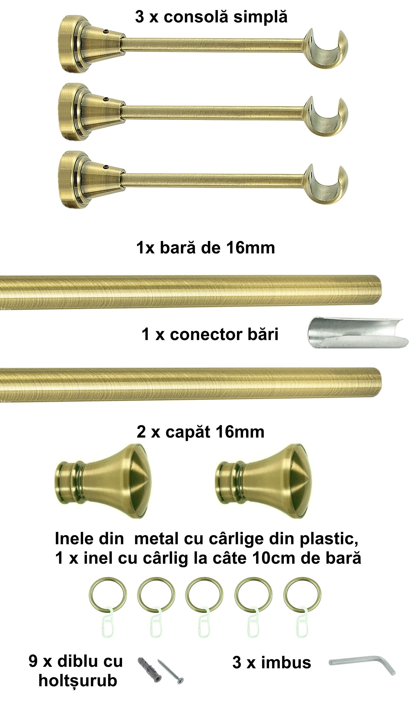 Galerie metalica Conic simpla 16 mm, antique brass (auriu antic) - imagine 6