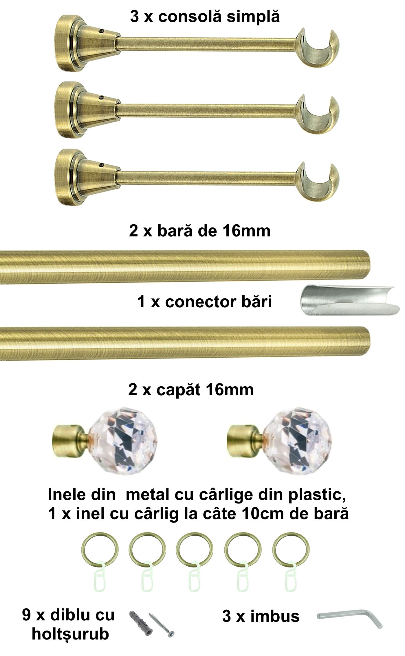 Galerie metalica Cristal simpla 16 mm, antique brass (auriu antic) - imagine 6