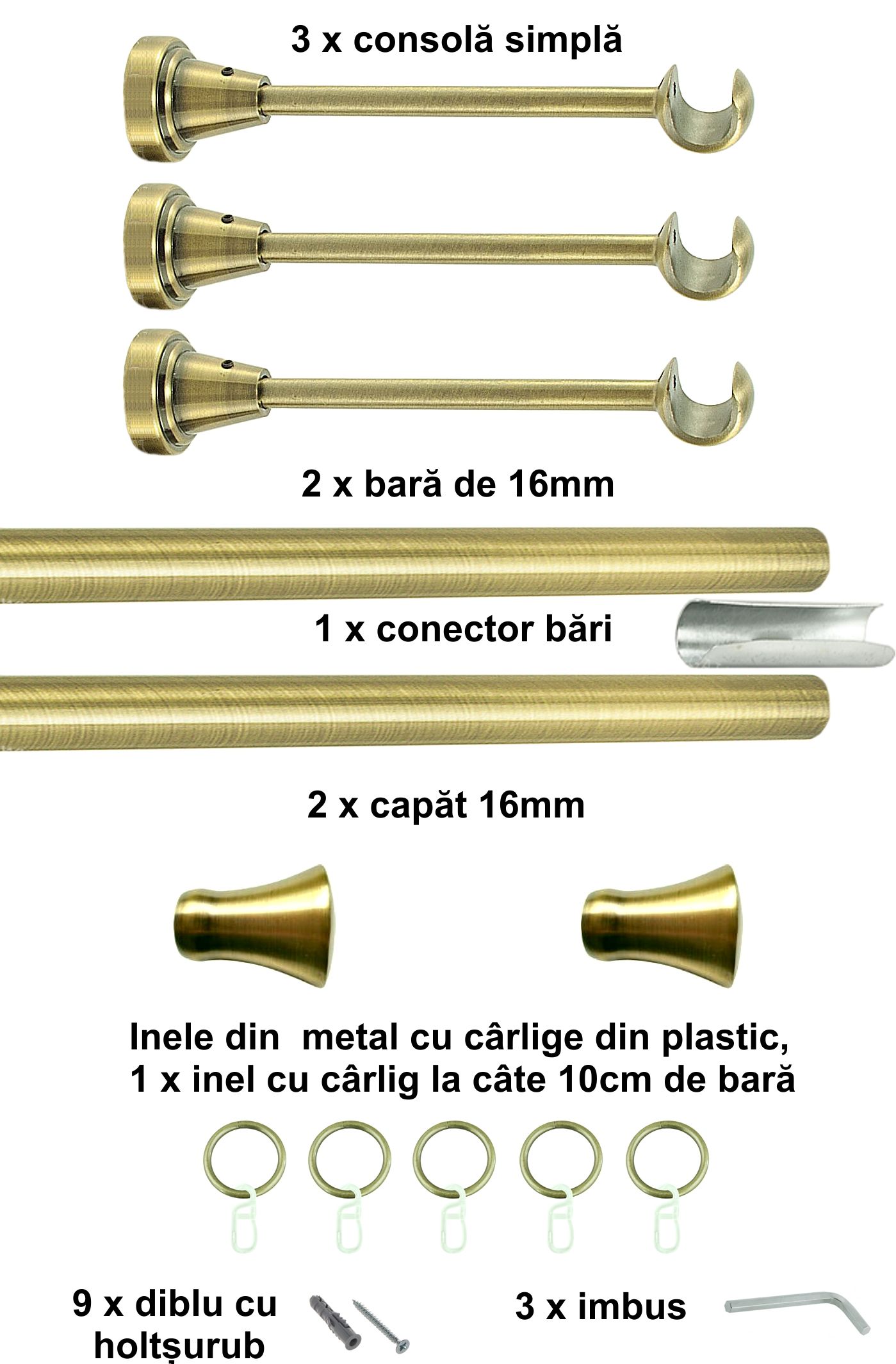 Galerie metalica Monaco simpla 16 mm, antique brass (auriu antic) - imagine 6