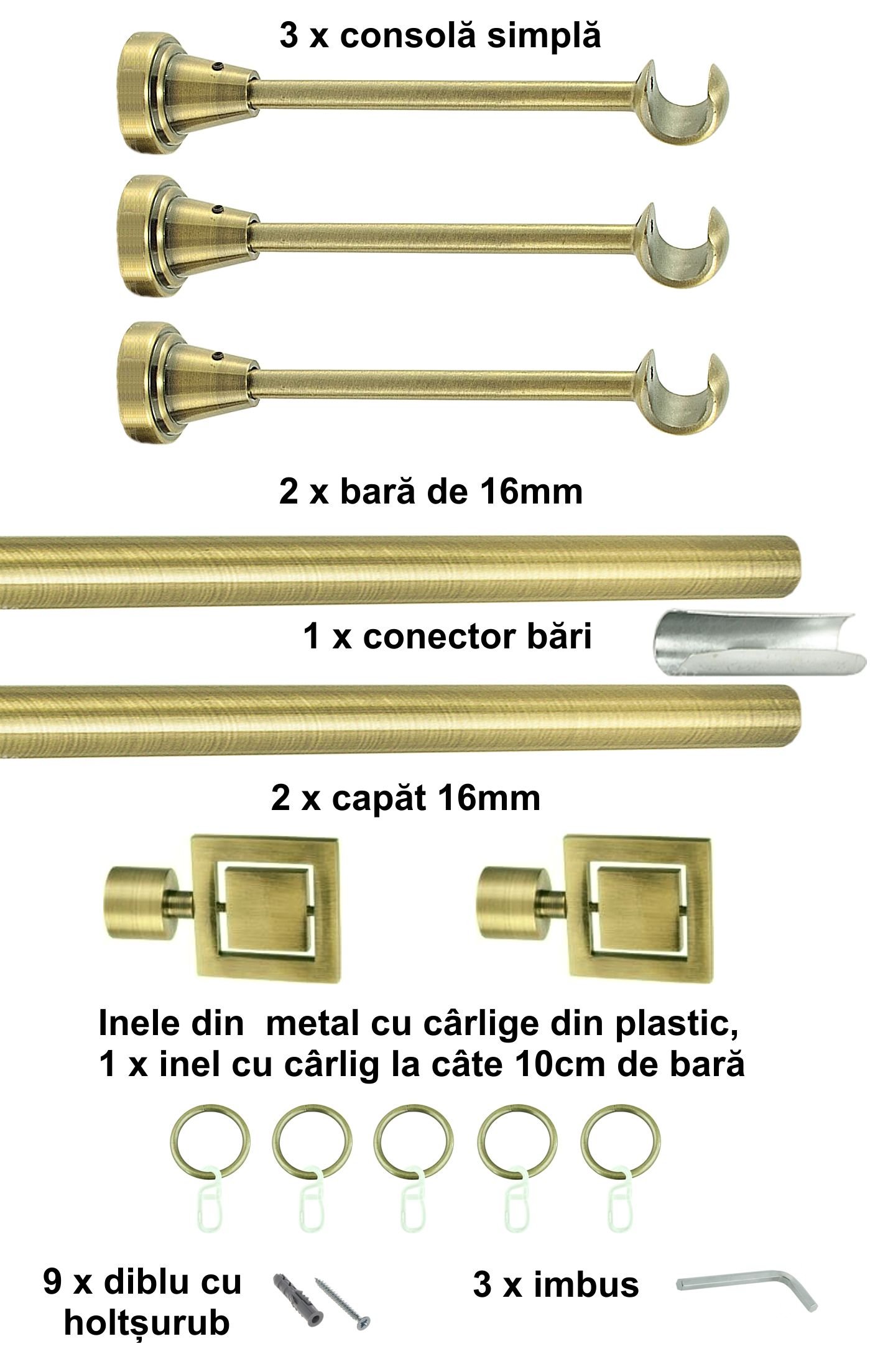 Galerie metalica Saturn simpla 16 mm, antique brass (auriu antic) - imagine 6