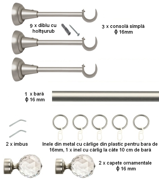 Galerie metalica Cristal simpla 16 mm, satin nichel (argintiu mat) - imagine 5