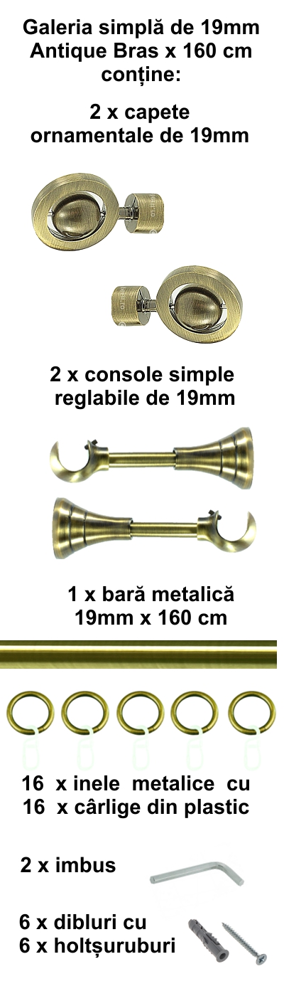 Galerie metalica Capri simpla 19 mm, antique brass (auriu antic) - imagine 2