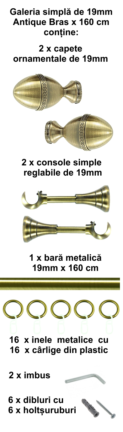Galerie metalica Cezar simpla 19 mm, antique brass (auriu antic) - imagine 2