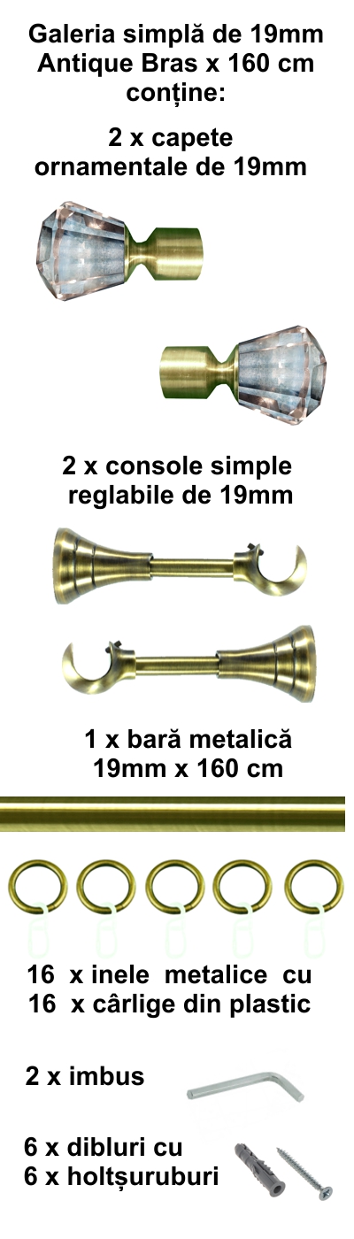 Galerie metalica Cristal simpla 19 mm, antique brass (auriu antic) - imagine 2