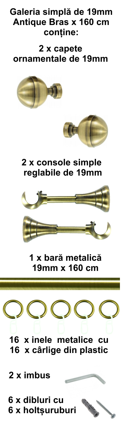 Galerie metalica Kalisto simpla 19 mm, antique brass (auriu antic) - imagine 5
