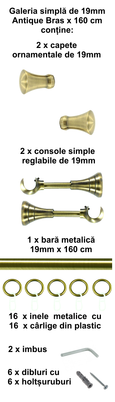 Galerie metalica Monaco simpla 19 mm, antique brass (auriu antic) - imagine 2