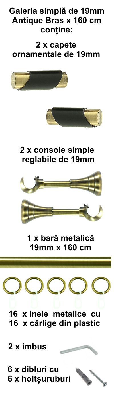 Galerie metalica Paris simpla 19 mm, antique brass (auriu antic) - imagine 2