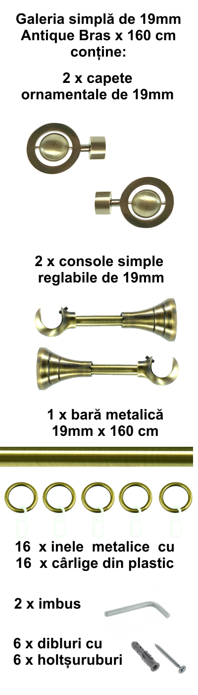 Galerie metalica Seti simpla 19 mm, antique brass (auriu antic) - imagine 2