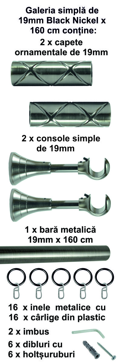 Galerie metalica Cristal simpla 19 mm, Black Nickel - imagine 2