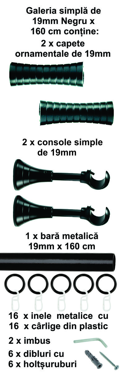 Galerie metalica Febris simpla 19 mm, Negru - imagine 2