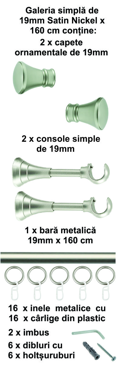 Galerie metalica Conic simpla 19 mm, satin nichel (argintiu mat) - imagine 2