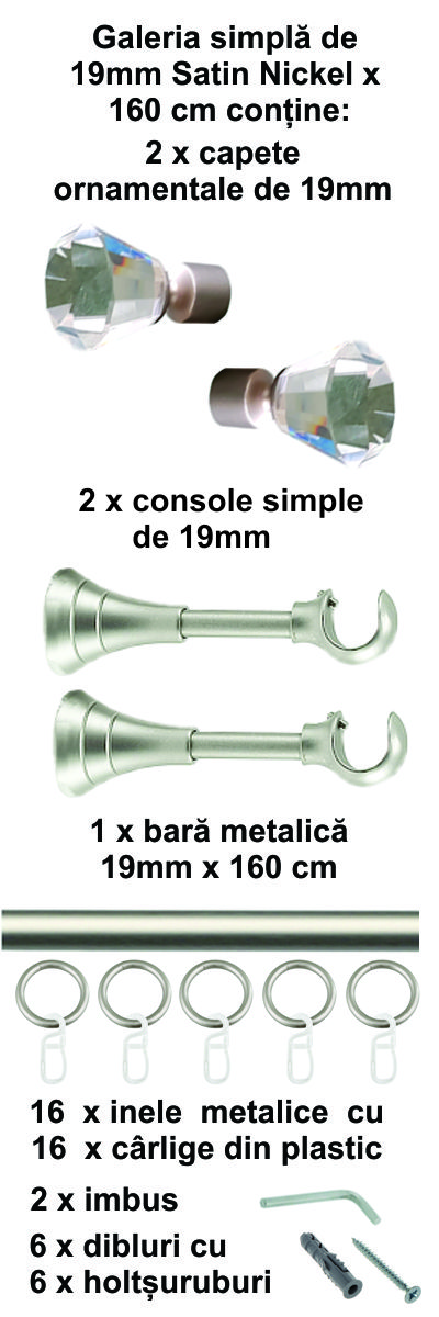Galerie metalica Cristal simpla 19 mm, satin nichel (argintiu mat) - imagine 2
