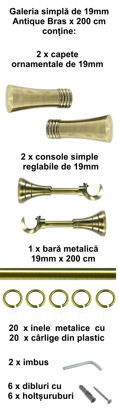 Galerie metalica Ahile simpla 19 mm, antique brass (auriu antic) - imagine 3