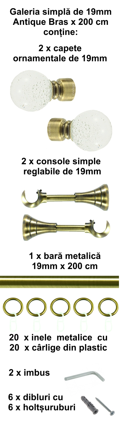 Galerie metalica Buble simpla 19 mm, antique brass (auriu antic) - imagine 3