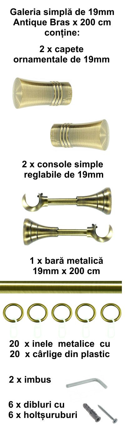 Galerie metalica Capri simpla 19 mm, antique brass (auriu antic) - imagine 3