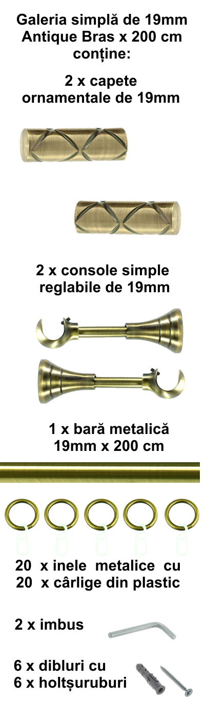 Galerie metalica Ciel simpla 19 mm, antique brass (auriu antic) - imagine 3