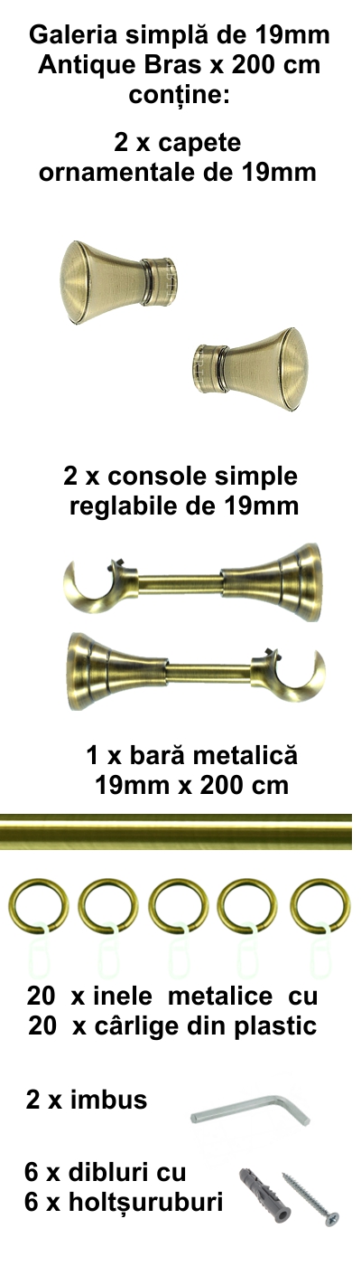 Galerie metalica Conic simpla 19 mm, antique brass (auriu antic) - imagine 3