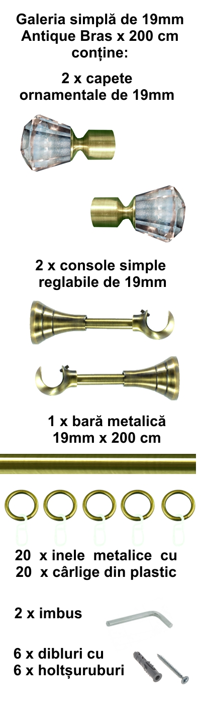 Galerie metalica Cristal simpla 19 mm, antique brass (auriu antic) - imagine 3
