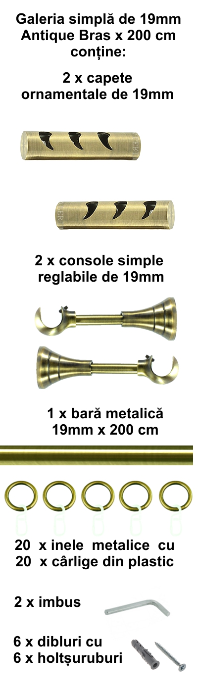 Galerie metalica Drop simpla 19 mm, antique brass (auriu antic) - imagine 3