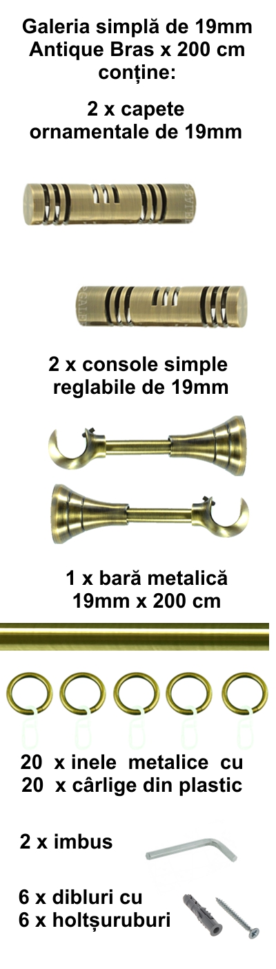 Galerie metalica Elis simpla 19 mm, antique brass (auriu antic) - imagine 3