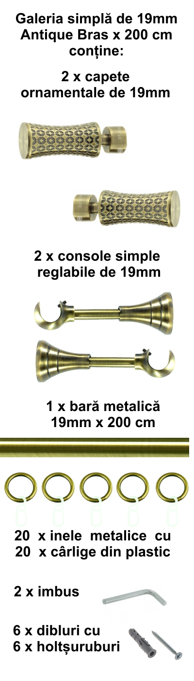 Galerie metalica Jaris simpla 19 mm, antique brass (auriu antic) - imagine 3