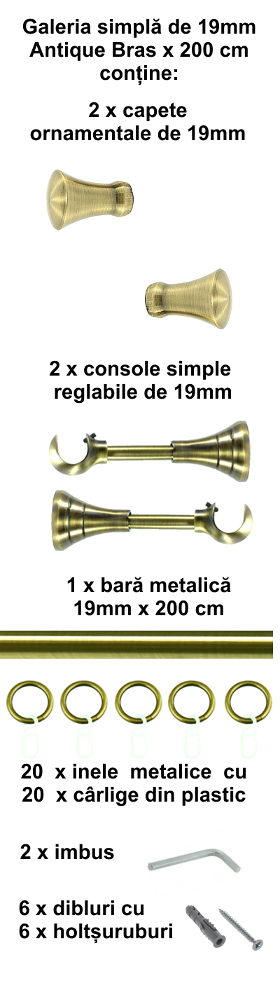 Galerie metalica Monaco simpla 19 mm, antique brass (auriu antic) - imagine 3