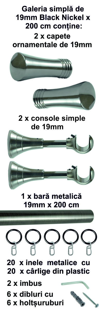 Galerie metalica Ahile simpla 19 mm, Black Nickel - imagine 4