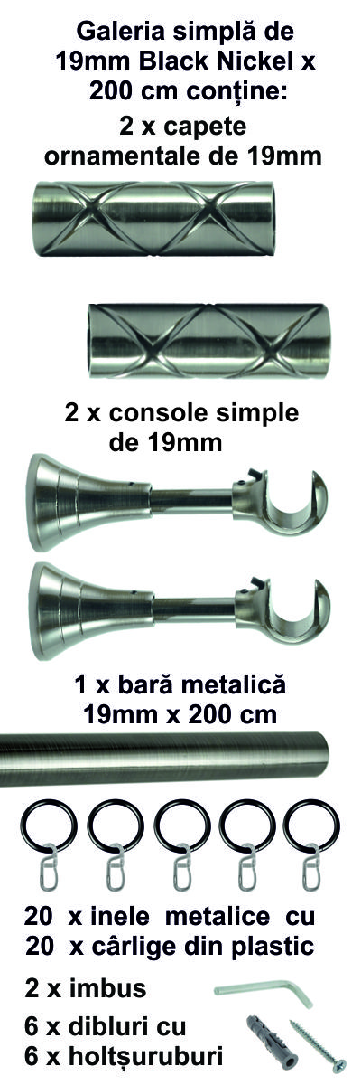 Galerie metalica Cristal simpla 19 mm, Black Nickel - imagine 4